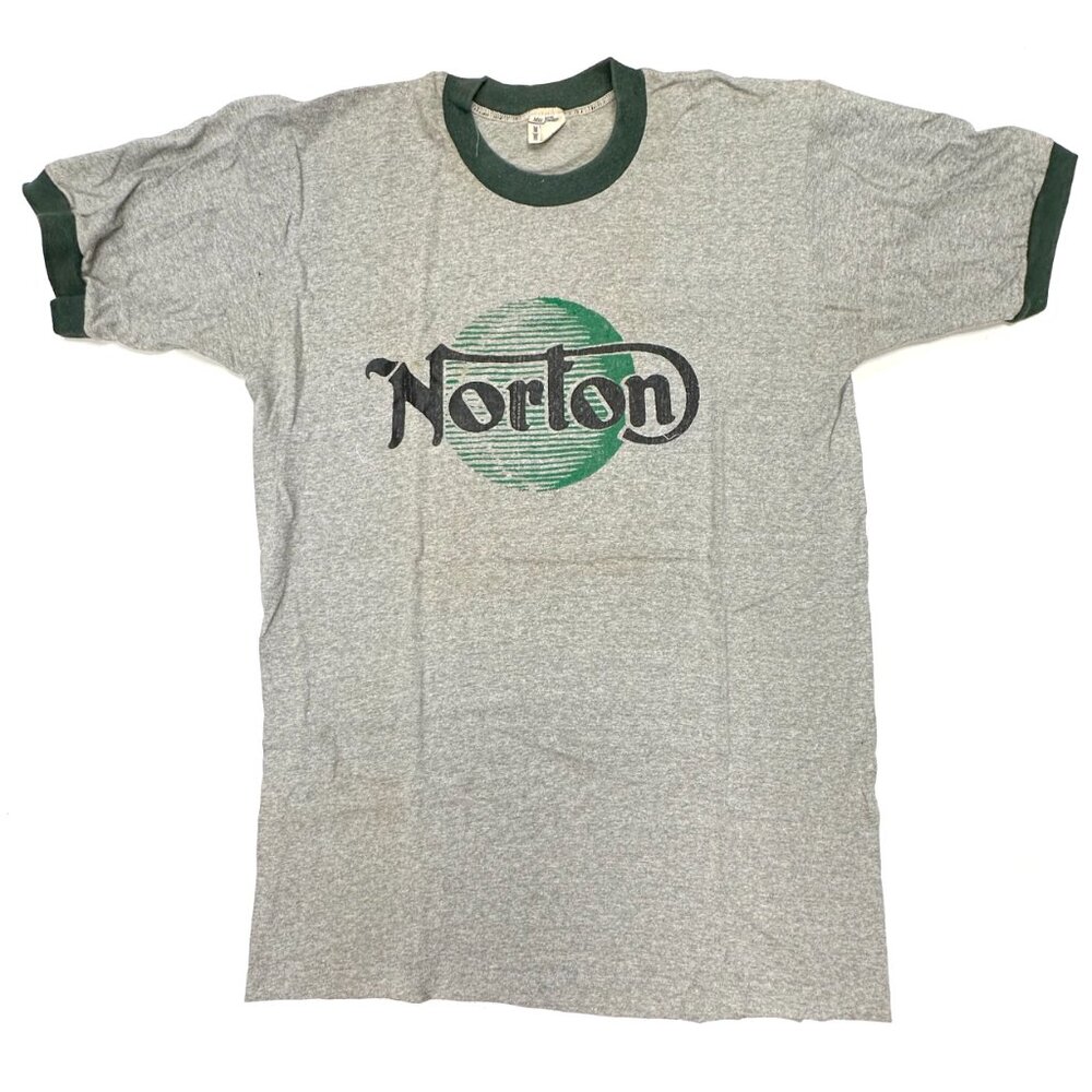 Norton Motorcycle Vintage Tee T Shirt XL Gray Green Ringer 70s 80s Distressed